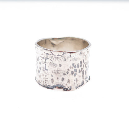 925 Sterling Silver Vintage Modernist Hammered Oxidized Wide Band Ring Size 6.25