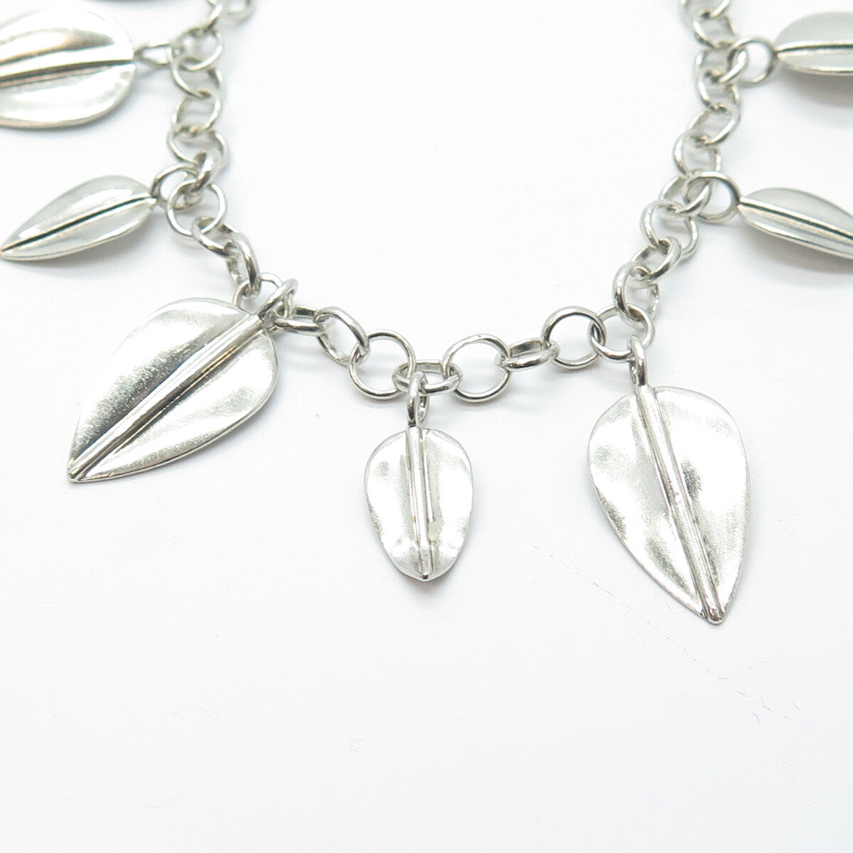 925 Sterling Silver Vintage Floral Leaf Charm Rolo Link Bracelet 7.5"