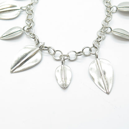 925 Sterling Silver Vintage Floral Leaf Charm Rolo Link Bracelet 7.5"