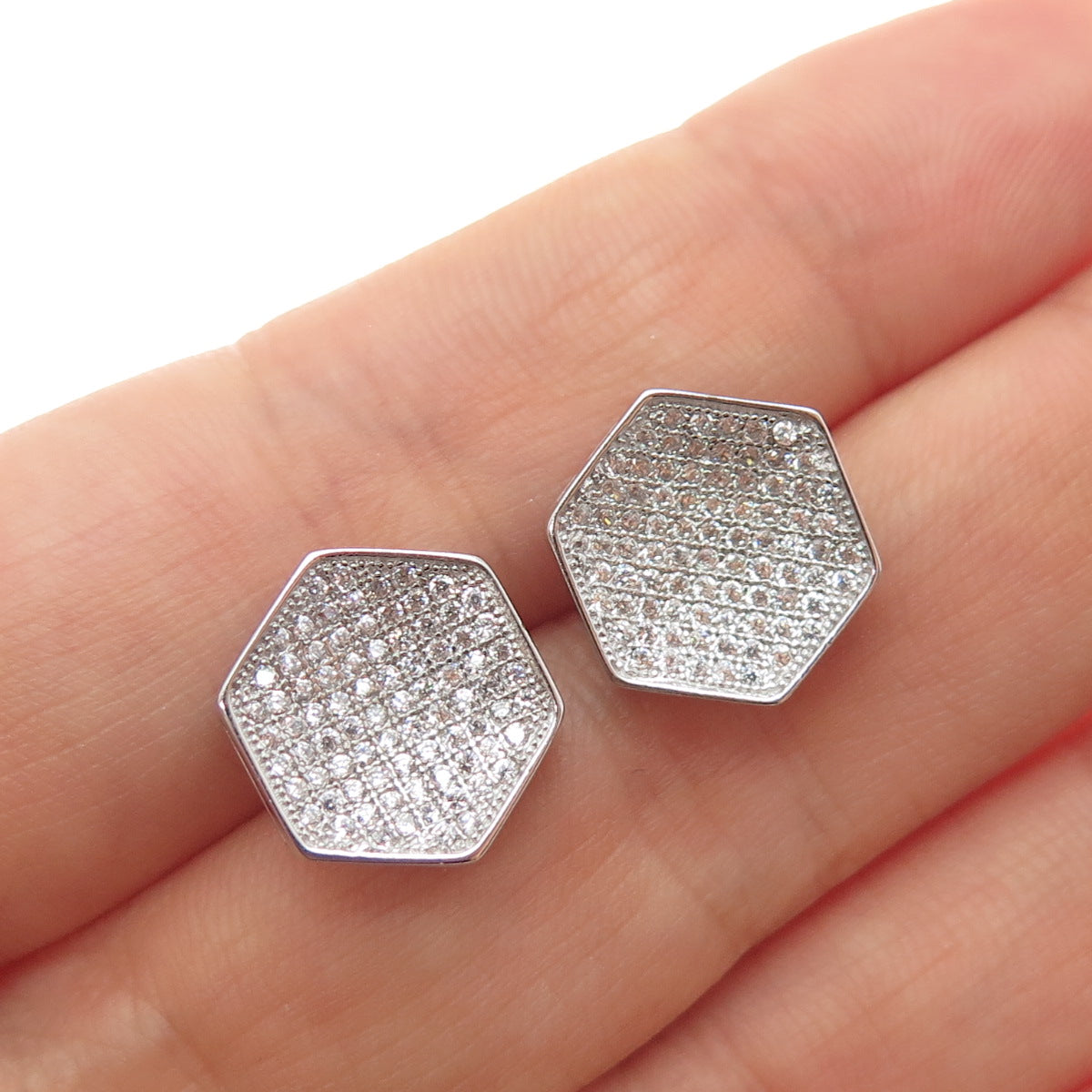 925 Sterling Silver Round-Cut C Z Hexagon Stud Earrings