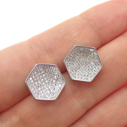 925 Sterling Silver Round-Cut C Z Hexagon Stud Earrings