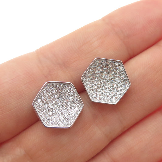 925 Sterling Silver Round-Cut C Z Hexagon Stud Earrings