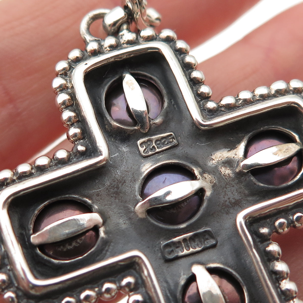 Honora 925 Sterling Silver Vintage Real Tahitian Pearl Cross Oxidized Pendant