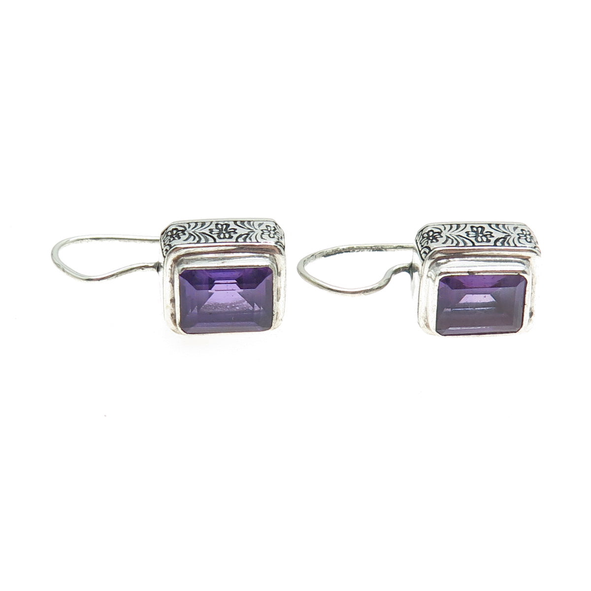 FUSION 925 Sterling Silver Vintage Real Emerald-Cut Amethyst Earrings