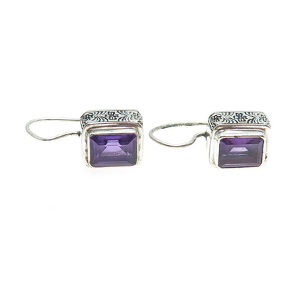 FUSION 925 Sterling Silver Vintage Real Emerald-Cut Amethyst Earrings