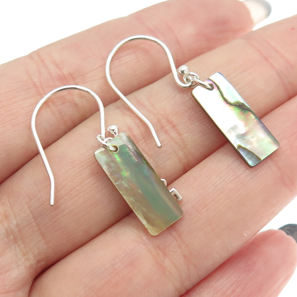 925 Sterling Silver Real Abalone Shell "LOVE" Dangling Bar Earrings