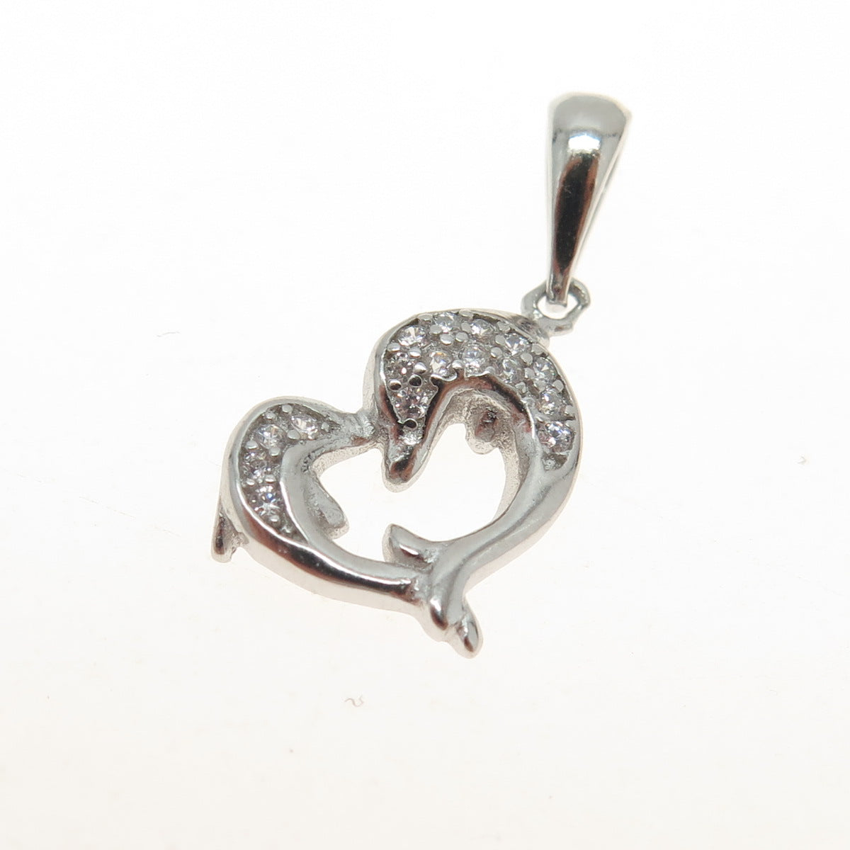 925 Sterling Silver Round-Cut Shaped C Z Couple of Dolphins Heart Pendant