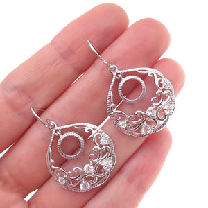 925 Sterling Silver Real White Topaz Ornate Crescent Dangle Earrings