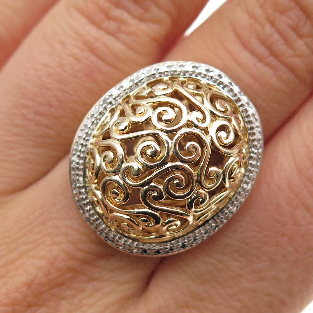 ROSS SIMONS 925 Sterling Silver Gold Plated Real Diamond Accent Ring Size 7.25