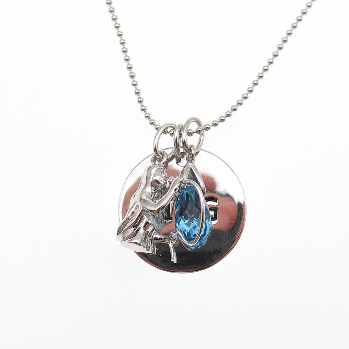 925 Sterling Silver Blue C Z Sing Multi-Charm Ball Beaded Chain Necklace 18"