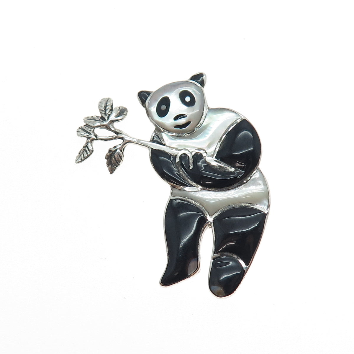 925 Sterling Silver Vintage Real Black Onyx & MOP Panda Pin Brooch