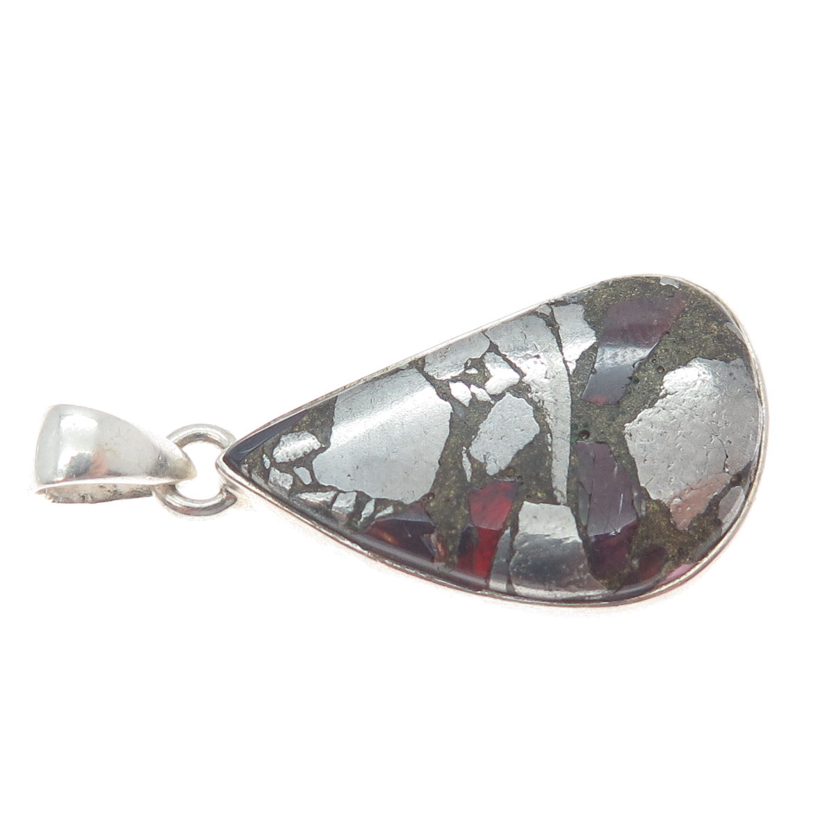 925 Sterling Vintage Real Pyrite Tourmaline & Red Garnet Inlay Modernist Pendant
