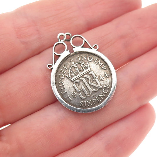 500 Silver Antique 1944 United Kingdom 6 Pence - George VI Coin Charm Pendant