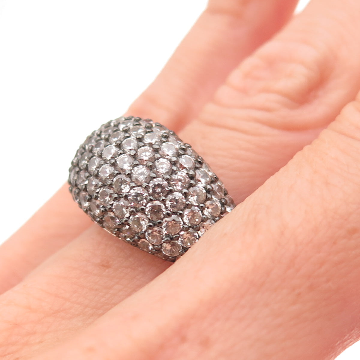925 Sterling Silver Black Rhodium Real Round-Cut White Topaz Dome Ring Size 6.25