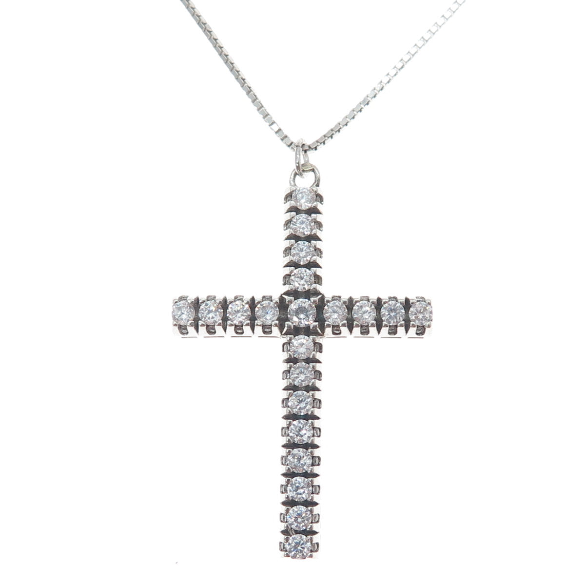 925 Sterling Silver Italy Round-Cut C Z Cross Box Chain Necklace 18"