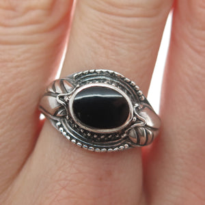 925 Sterling Silver Vintage Real Black Onyx Gemstone Leaf Ring Size 8.25