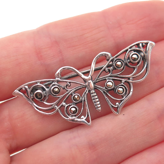 925 Sterling Silver Vintage Real Marcasite Butterfly Oxidized Pin Brooch