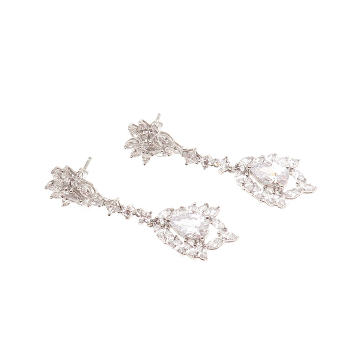 925 Sterling Silver Round Marquise & Pear-Cut C Z Dangle Earrings