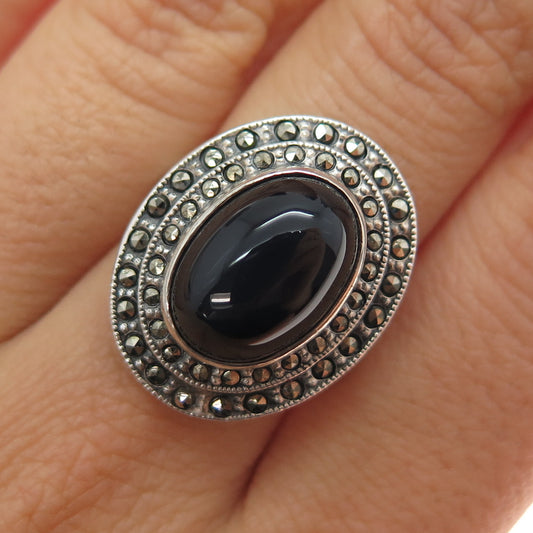 Curtis Curtman 925 Sterling Antique Art Deco Black Onyx Marcasite Ring Size 6.5