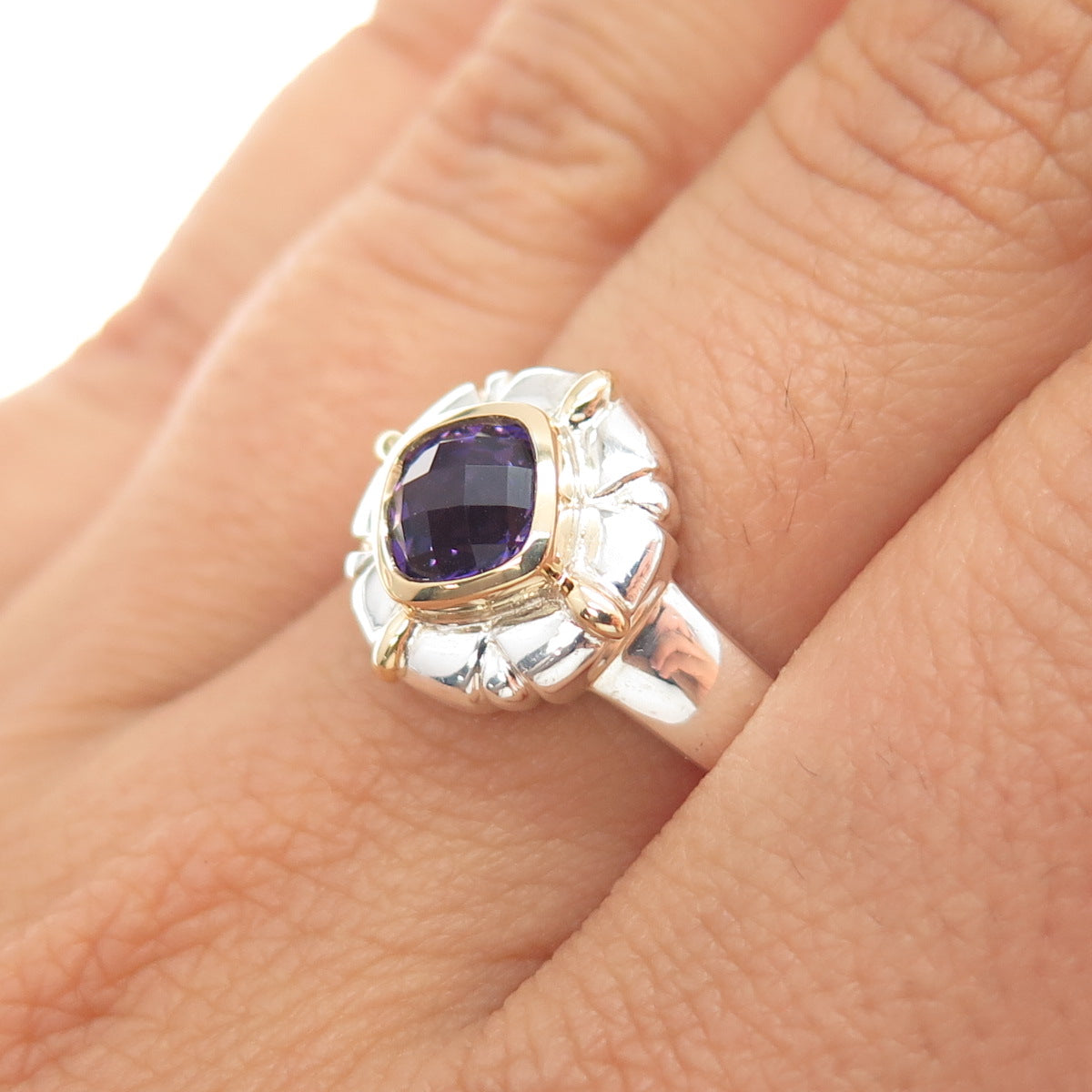 18K Gold 925 Sterling Silver Vintage Real Amethyst Modernist Ring Size 7.25