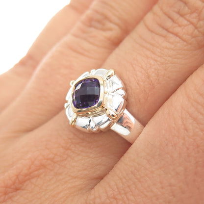18K Gold 925 Sterling Silver Vintage Real Amethyst Modernist Ring Size 7.25