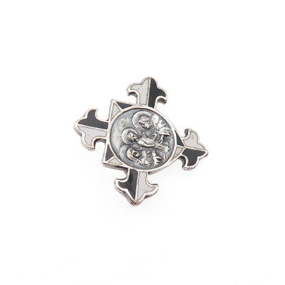 925 Sterling Silver Antique Art Deco Holy Family Cross Oxidized Pin Brooch