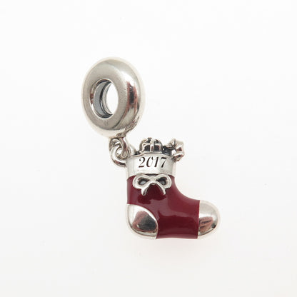 PANDORA 925 Sterling Silver Enamel 2017 Christmas Stocking Dangle Charm