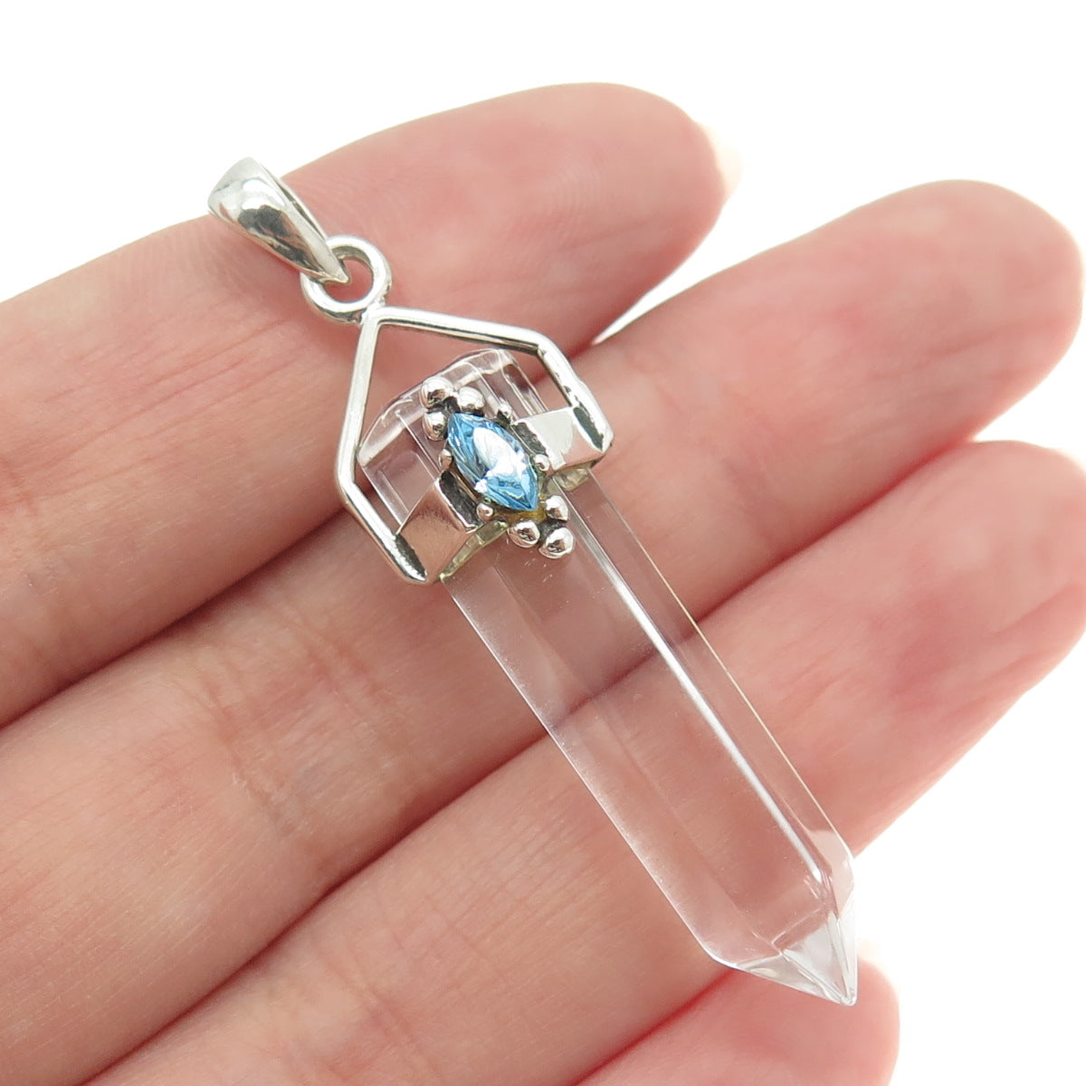 925 Sterling Silver Vintage Clear Glass & Blue Rhinestone Amulet Pendant