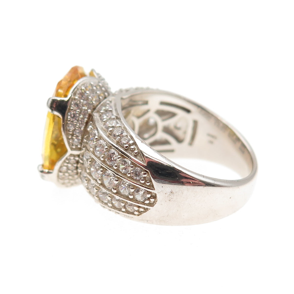 925 Sterling Silver Oval-Cut Canary & Round-Cut White C Z Ring Size 7.25