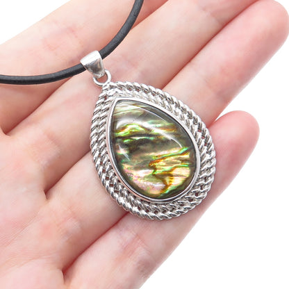 HAN 925 Sterling Silver Real Abalone Shell Teardrop Pendant Cord Necklace 18"