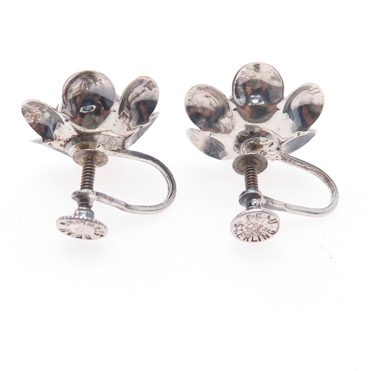 BEAU 925 Sterling Silver Antique Art Deco Rose Oxidized Screw Back Earrings