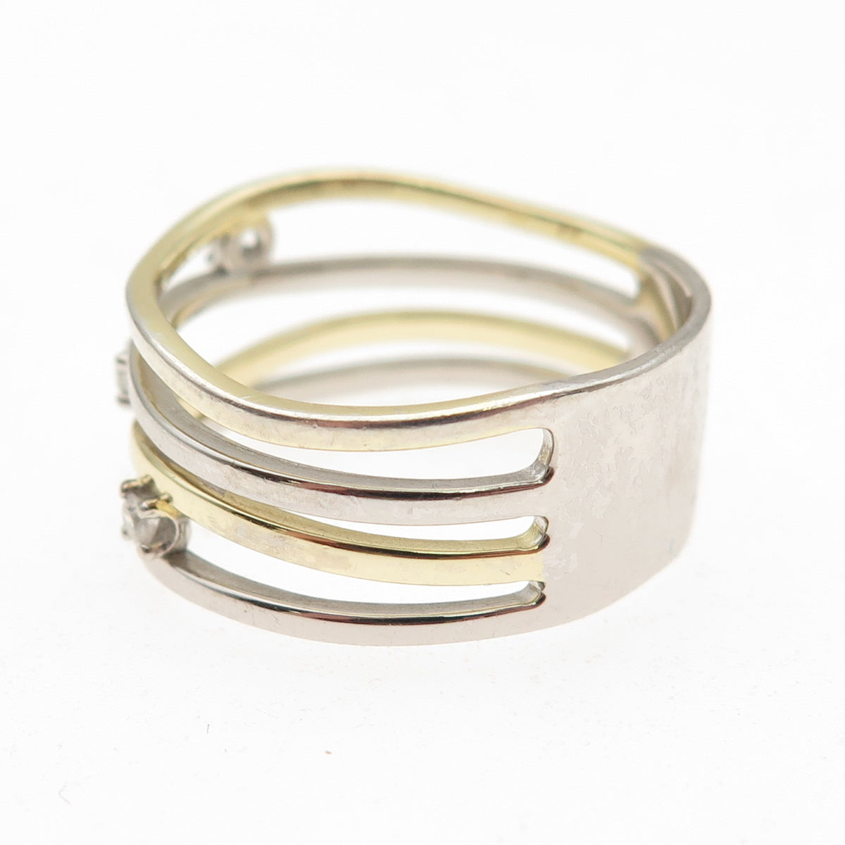 Ideaure 925 Sterling Silver 2-Tone Round-Cut C Z 4-Row Wavy Ring Size 10.25