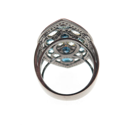 925 Sterling 2-Tone Black Rhodium Real London Blue & White Topaz Ring Size 6.25