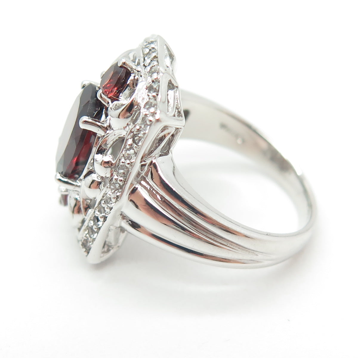 925 Sterling Silver Real White Topaz & Red Garnet Gemstone Ring Size 8.25