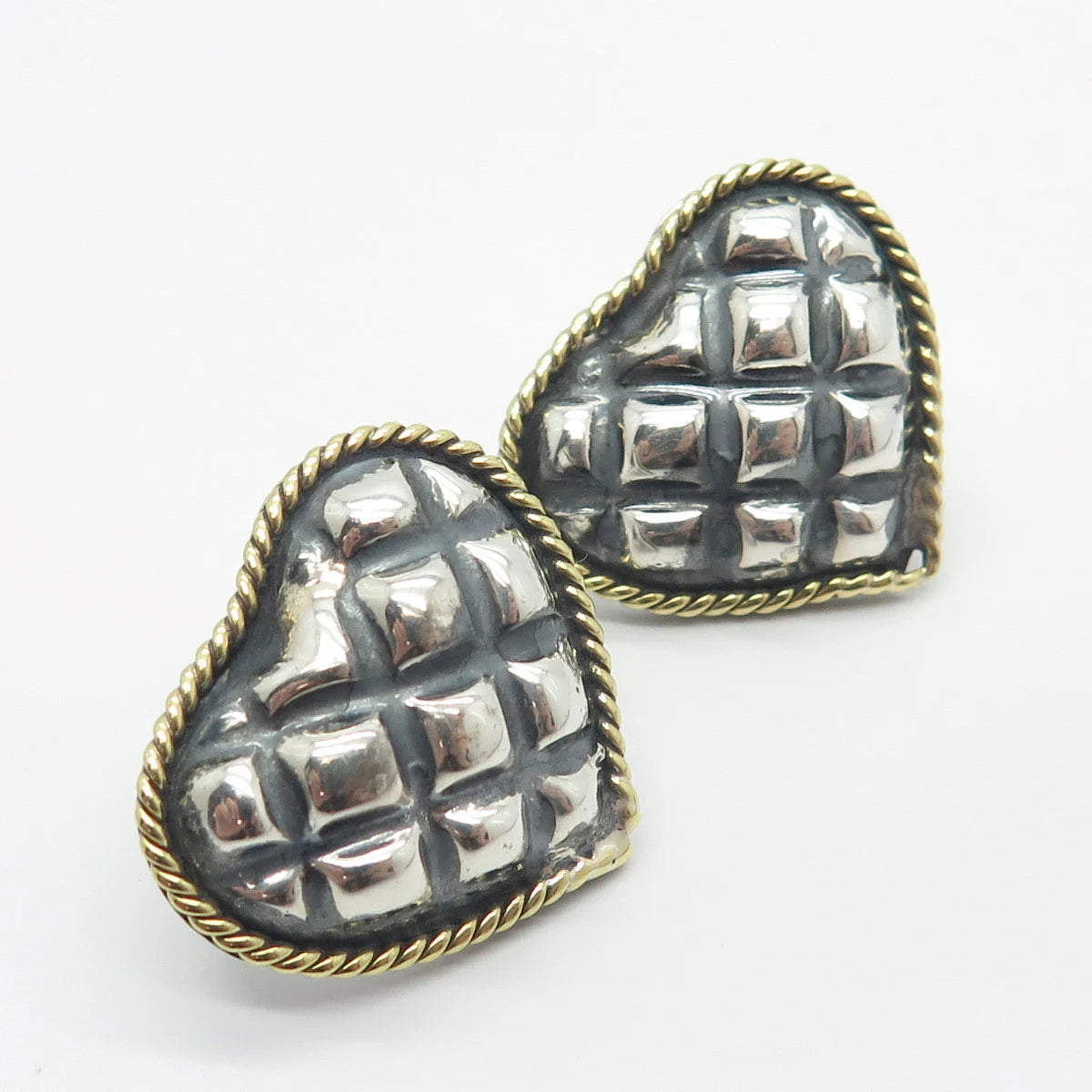 925 Sterling Silver 2-Tone Vintage Mexico Laton Heart Earrings