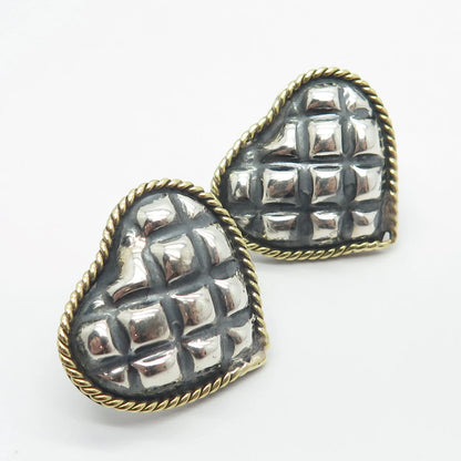 925 Sterling Silver 2-Tone Vintage Mexico Laton Heart Earrings