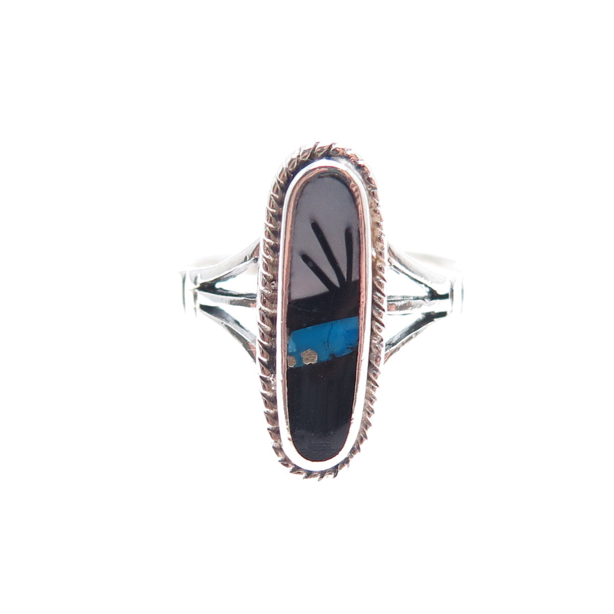 925 Sterling Silver Vintage Southwestern Turquoise Black Onyx MOP Ring Size 6.75