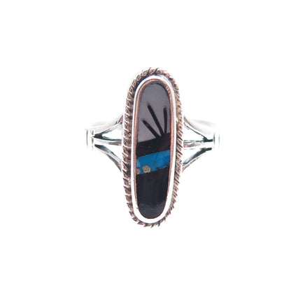 925 Sterling Silver Vintage Southwestern Turquoise Black Onyx MOP Ring Size 6.75