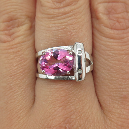 DALI GLIO 925 Sterling Silver Real Diamond Lab-Created Pink Sapphire Ring Size 7