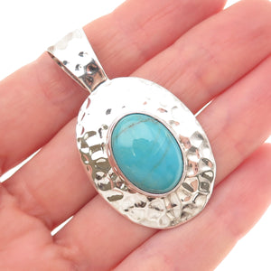 SHUBE 925 Sterling Silver Vintage Real Turquoise Hammered Charm Pendant