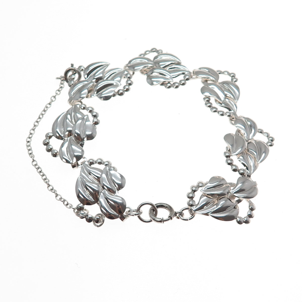 925 Sterling Silver Vintage Modernist Floral Leaf Link Bracelet 7.25"