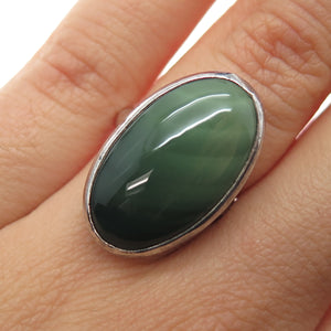 925 Sterling Silver Vintage Real Cabochon Green Agate Modernist Ring Size 6