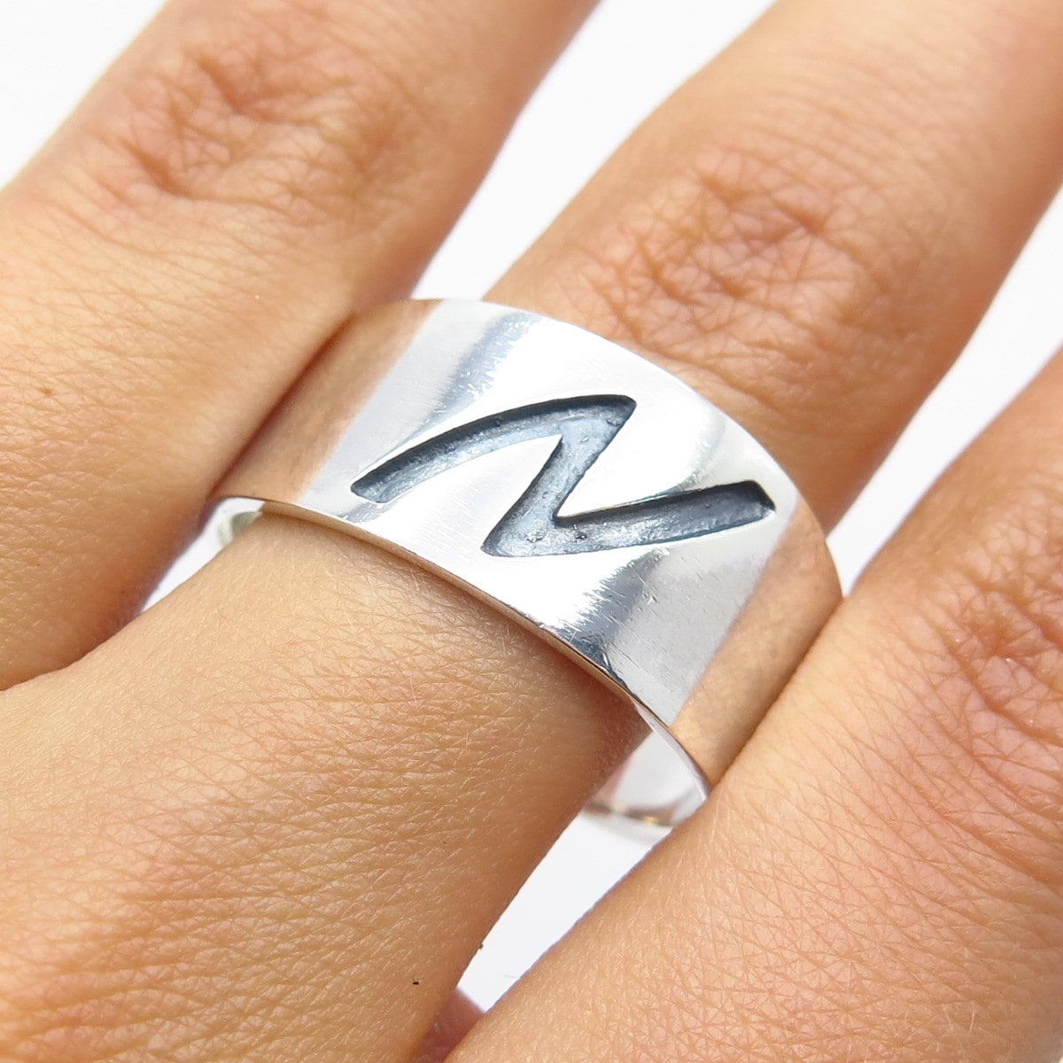 925 Sterling Silver Vintage Mexico Letter "N" Initial / Lightning Ring Size 12.5
