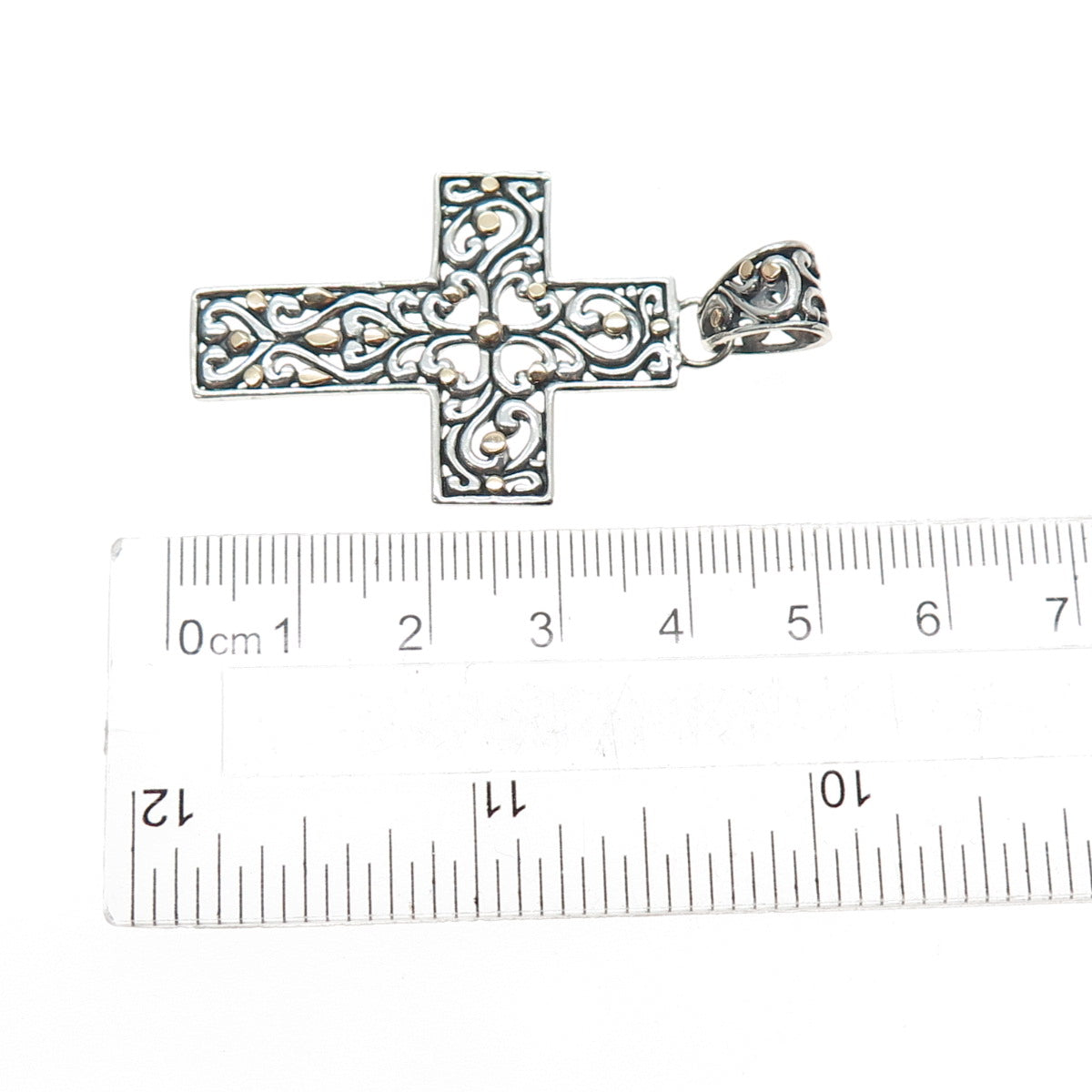 925 Sterling Silver 18K Gold Vintage Floral Cross Oxidized Charm Pendant