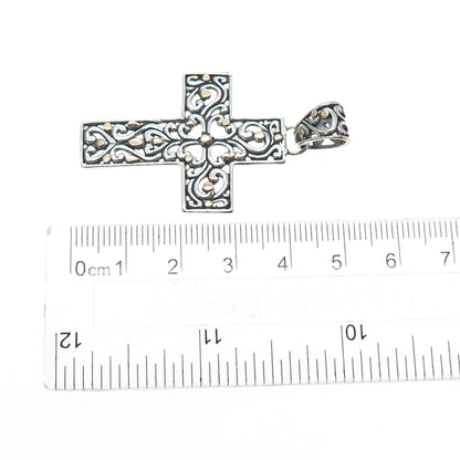 925 Sterling Silver 18K Gold Vintage Floral Cross Oxidized Charm Pendant