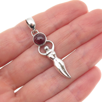 925 Sterling Silver Vintage Real Garnet Fertility Moon Goddess Charm Pendant