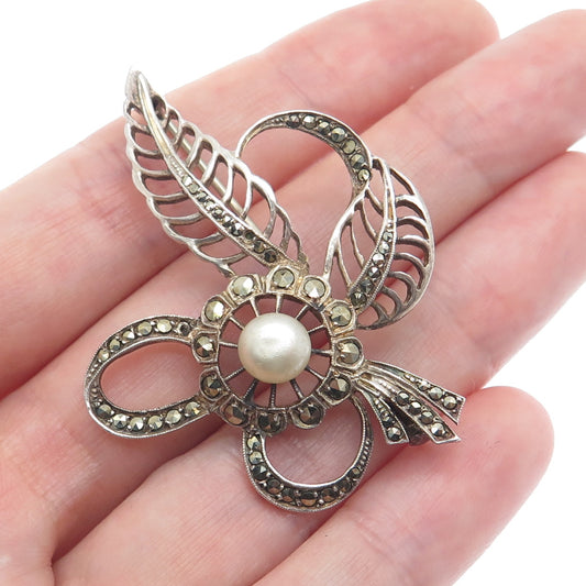 925 Sterling 2-Tone Antique Real Pear & Marcasite Leaf Brooch (missing 1 stone)