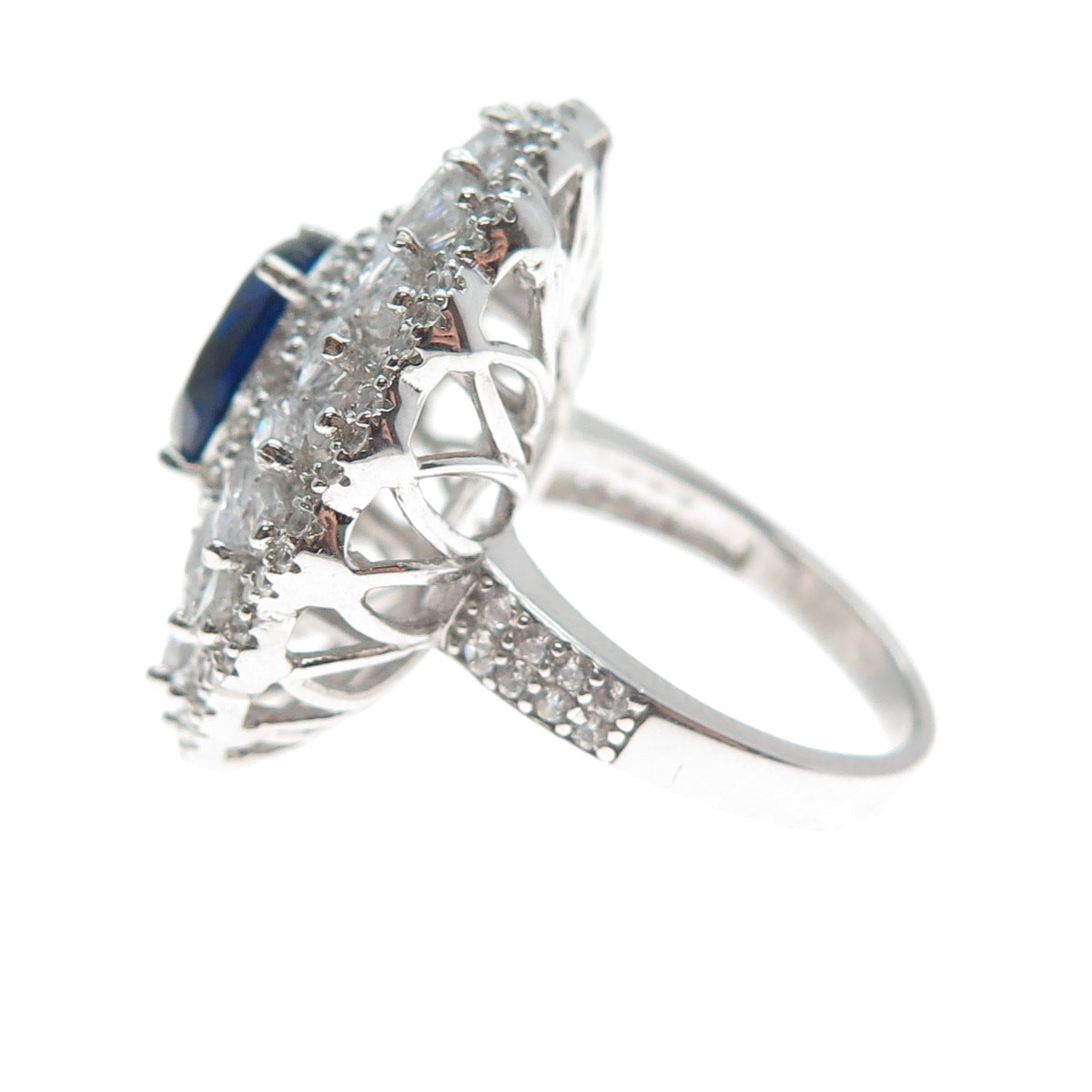 DSMK 925 Sterling Silver White & Blue Multi-C Z Cluster Statement Ring Size 7.25