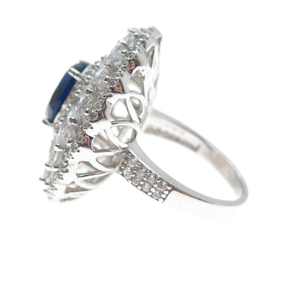 DSMK 925 Sterling Silver White & Blue Multi-C Z Cluster Statement Ring Size 7.25