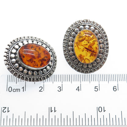 925 Sterling Silver Vintage Real Amber Modernist Granulated Earrings